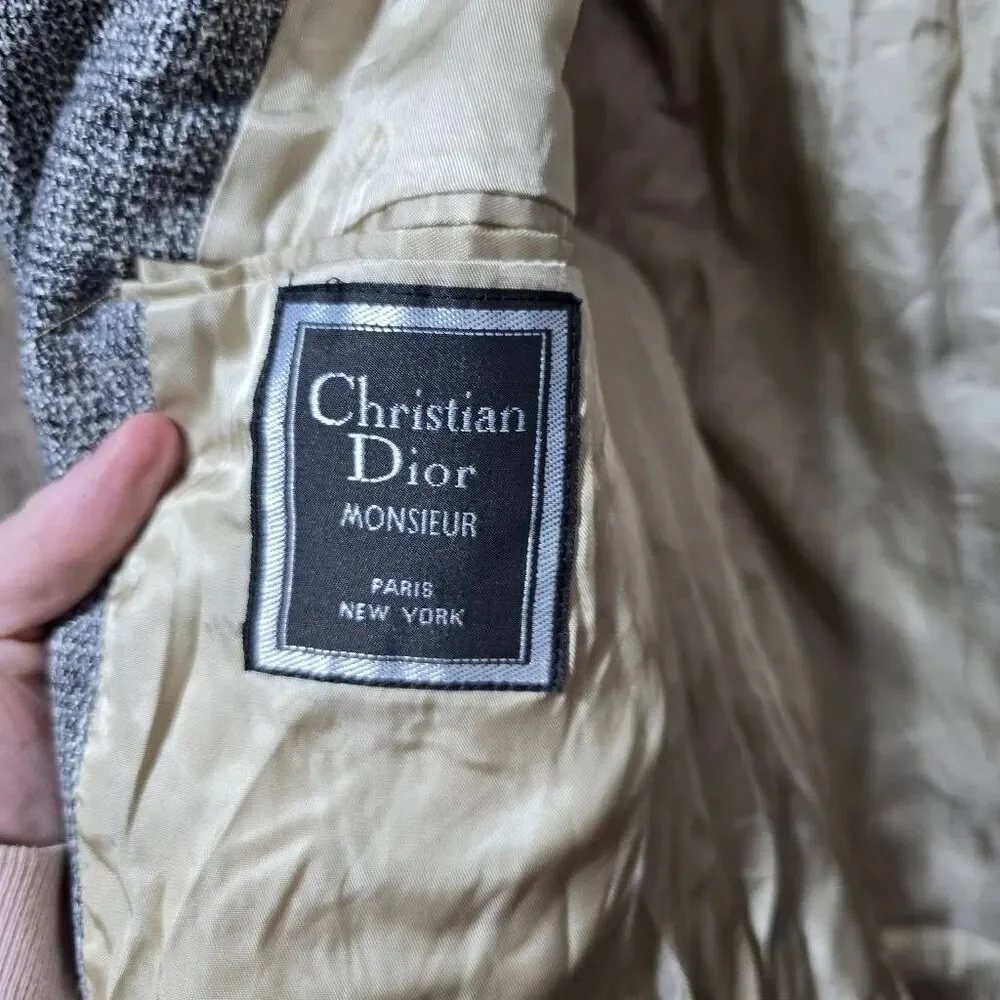 Christian Dior Vintage Single Breasted Wool Light Gray Window Pane Blazer